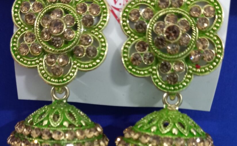 Colored Oxidized Jhumka with Stone and beads on Green finish