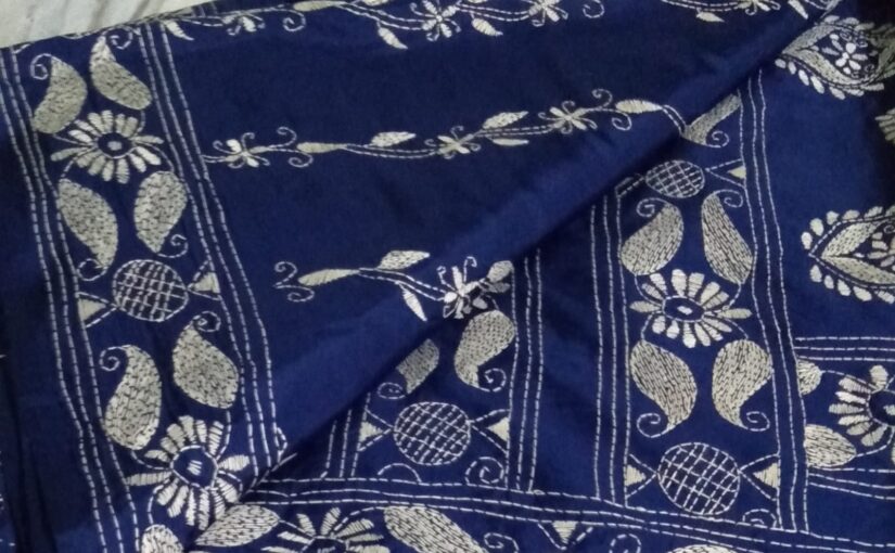 Blended Art Silk Kantha Stitch Saree (Blue)