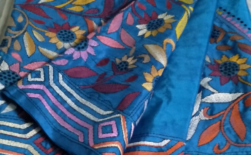 Blended Art Silk with Batik Kantha Saree (Blue)