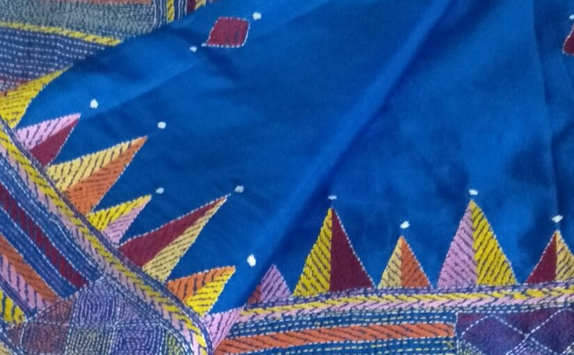 Blended Kantha Stitch With Bangalore Silk Saree (Blue)