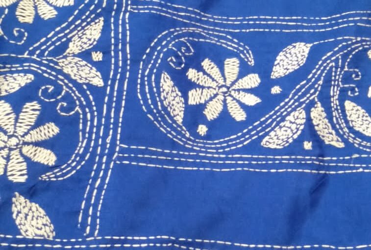 Blended Kantha Saree (Blue and White)