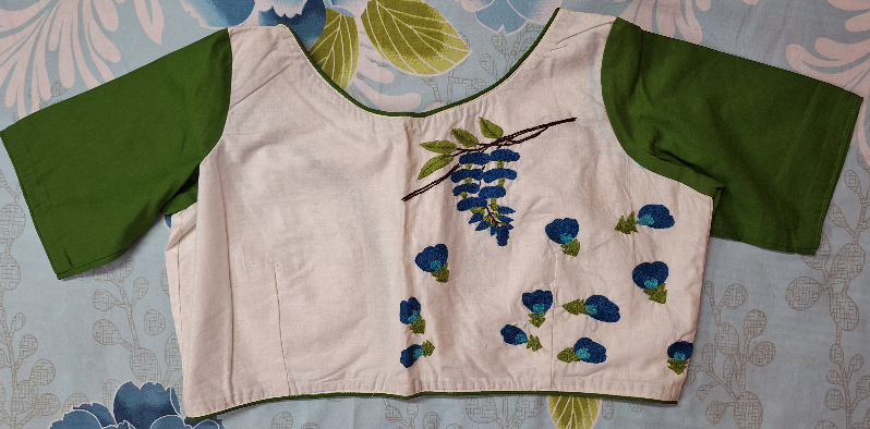 Boat neck hand embroidery Green and White
