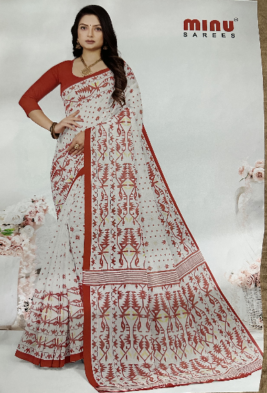 White red printed cotton Saree