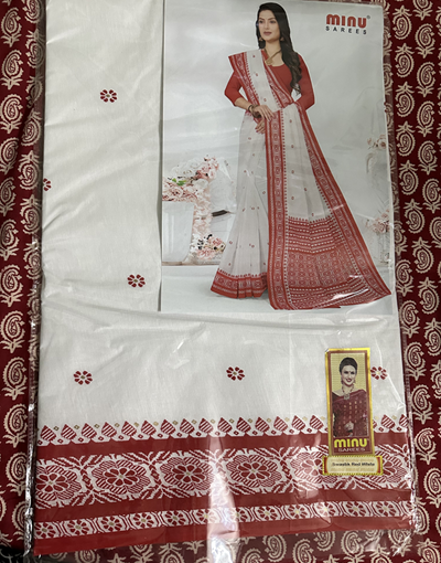 White red printed cotton Saree