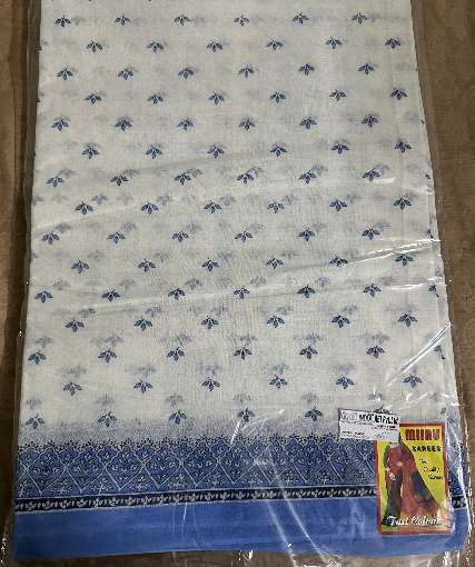 Blue border printed cotton Saree