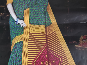 Green & Brown printed cotton Saree