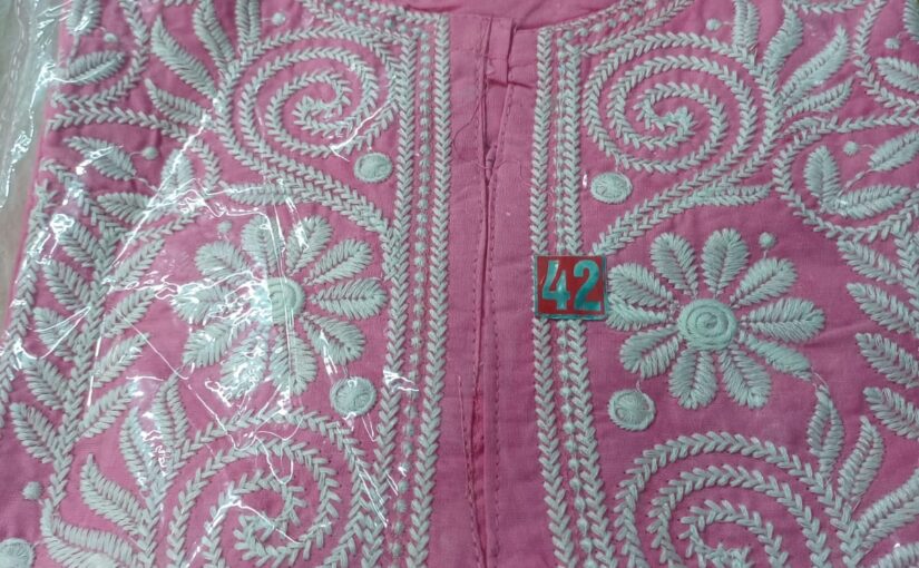 ChikonKari Kurti pure cotton Pink