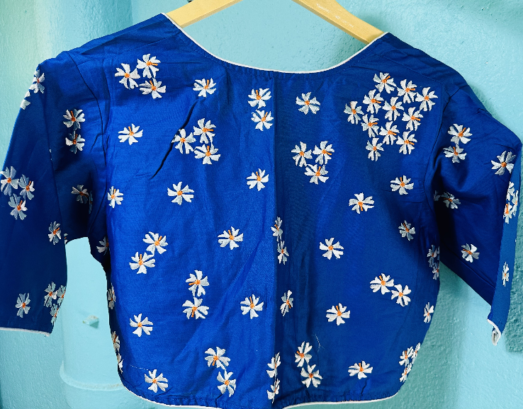 Butter Silk Blouse with Suili Phool Design Blue