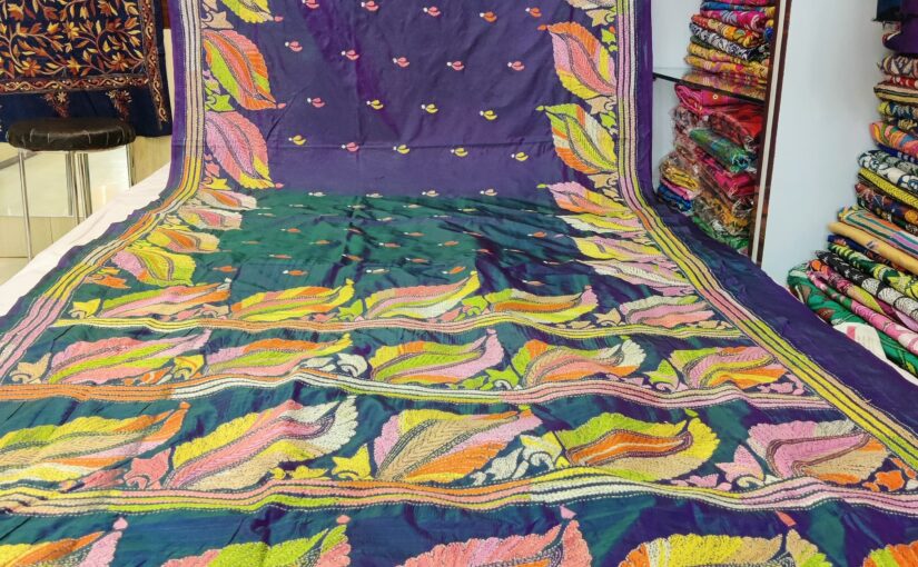 Blended Art Silk All over Kantha Stitch Black Saree with multicolor thread