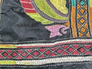 Blended Art Silk All over Kantha Stitch Black Saree with multicolor thread