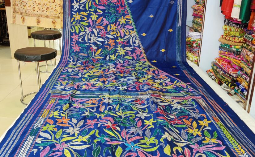 Blended Art Silk All over Kantha Stitch Blue Saree, corner to corner multi color thread