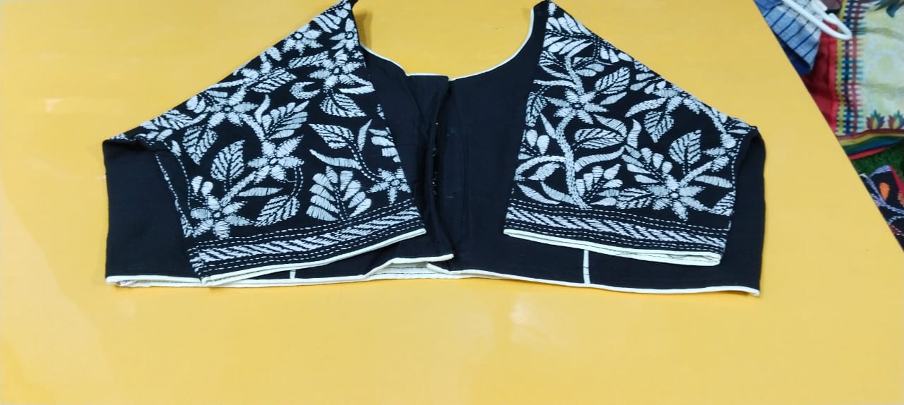 All over Kantha Stitch ready Blouse Black and White