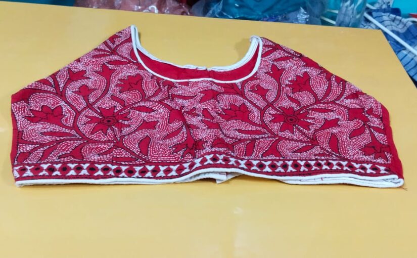 All over Kantha Stitch ready Blouse Red