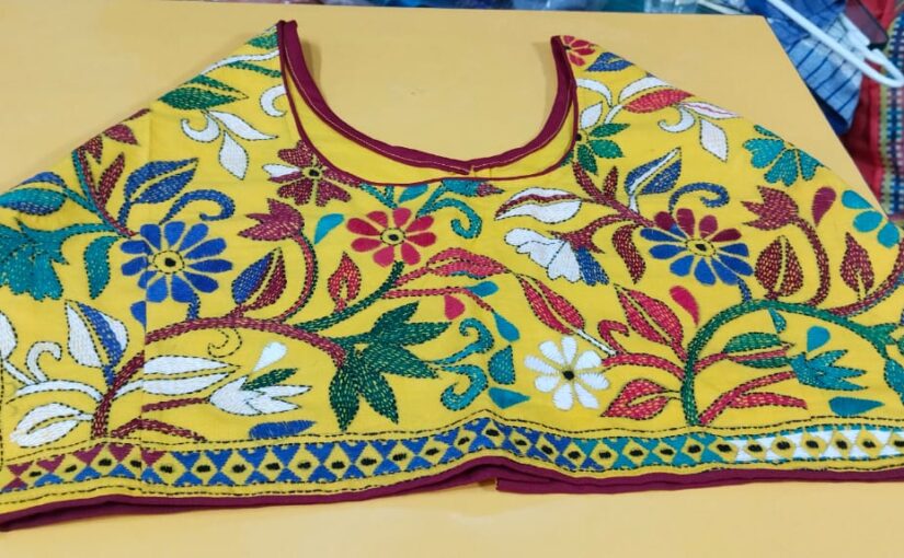 All over Kantha Stitch ready Blouse Yellow