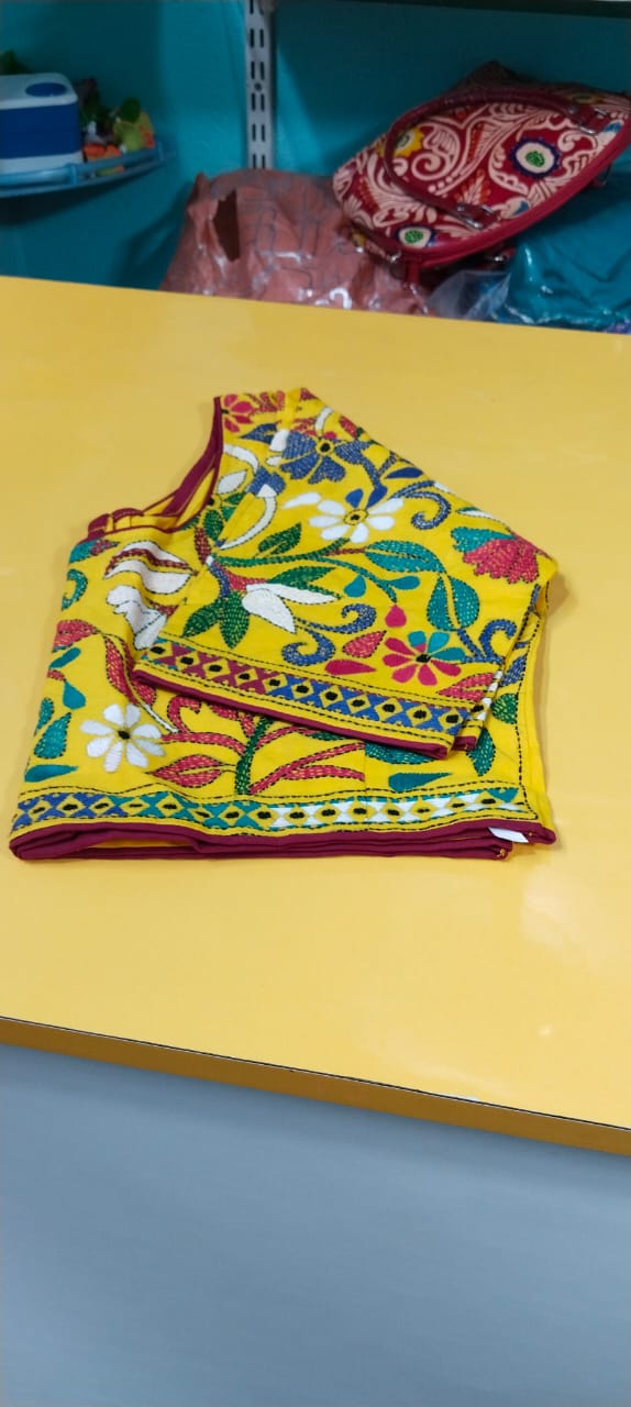 All over Kantha Stitch ready Blouse Yellow